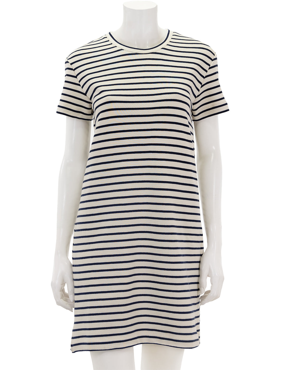 Front view of Splendid's whitney stripe dress in navy and white.