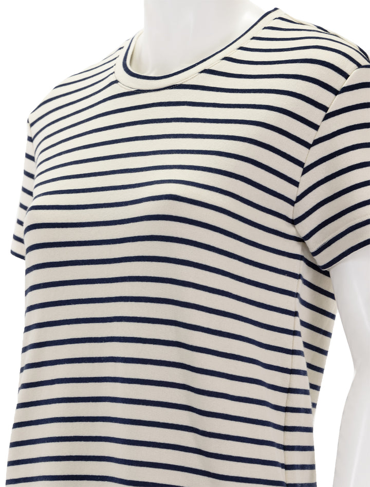 Close-up view of Splendid's whitney stripe dress in navy and white.