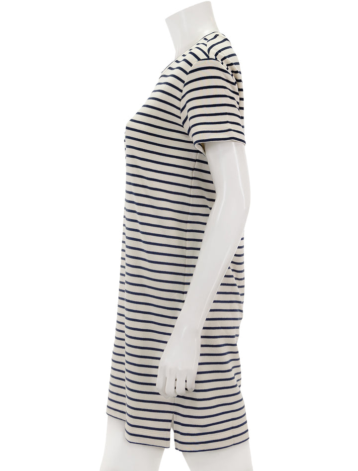 Side view of Splendid's whitney stripe dress in navy and white.