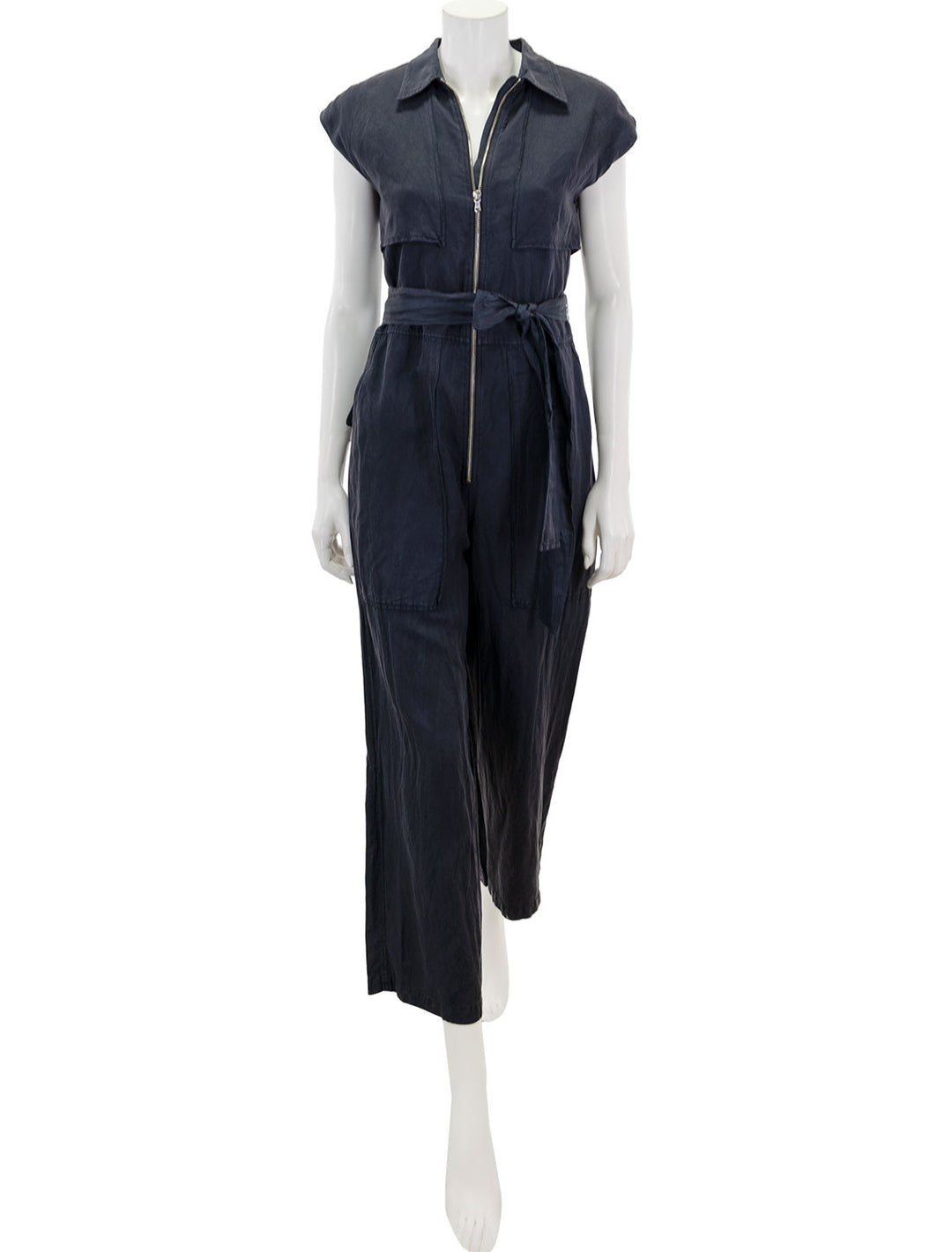 Front view of Saint Art's maxine short sleeve cargo jumpsuit in licorice.