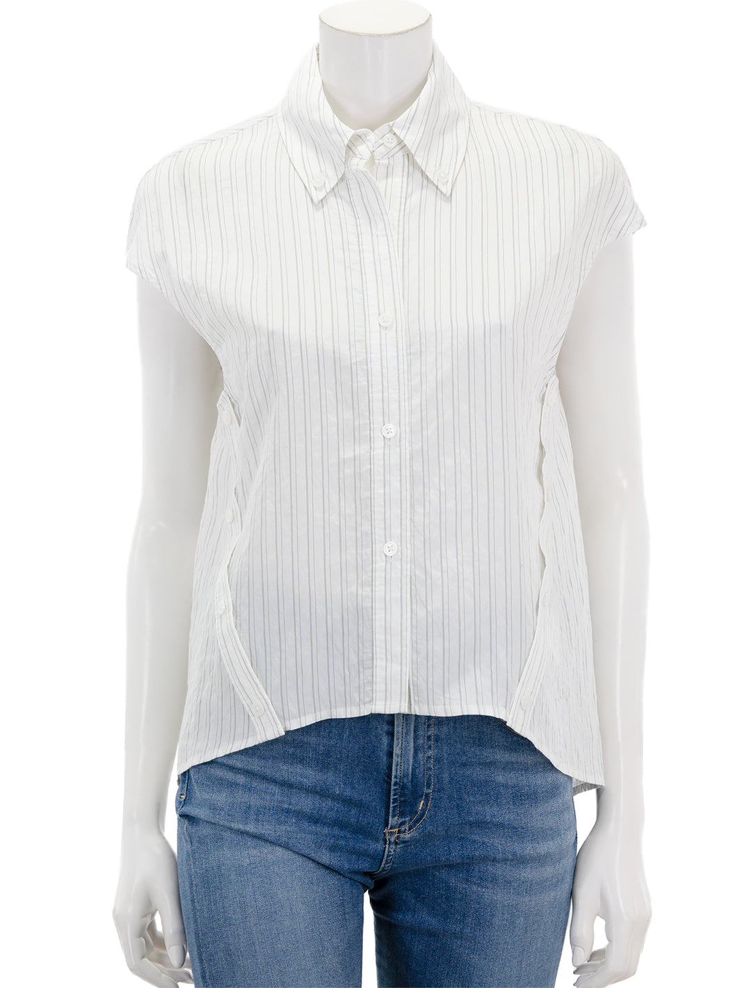 Front view of Saint Art's perth cap sleeve button blouse in off white pinstripe.