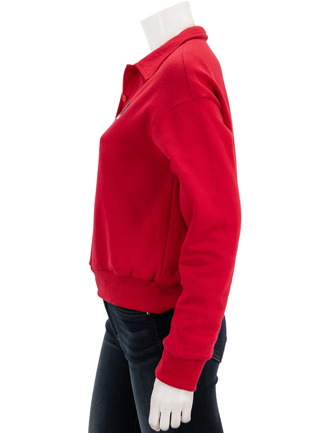 Side view of Recess Apparel's Fleece Polo Sweatshirt in Red.