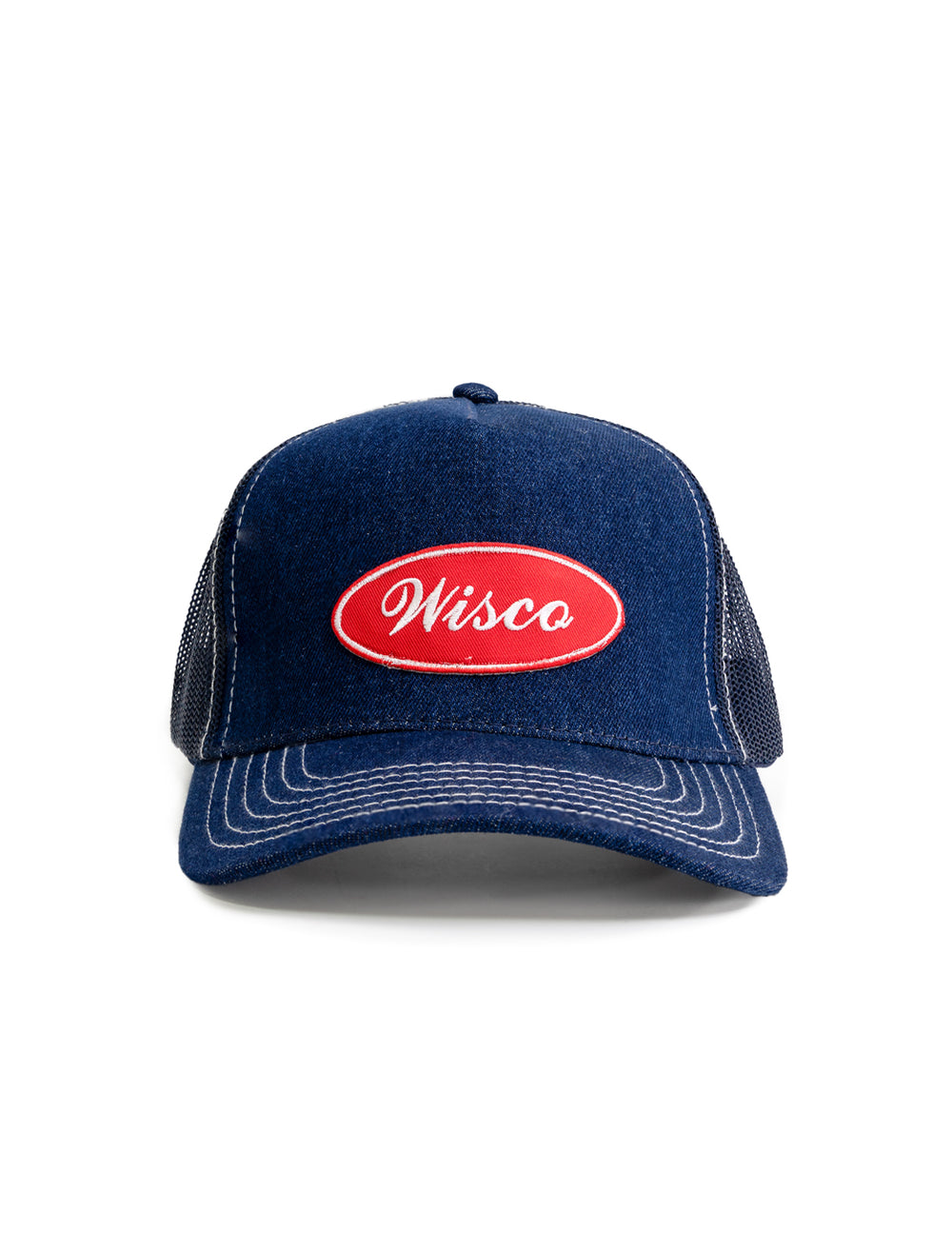 Front view of Recess Apparel's denim trucker hat.
