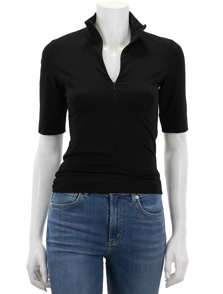 Front view of ATM's pima cotton zip front top in black.