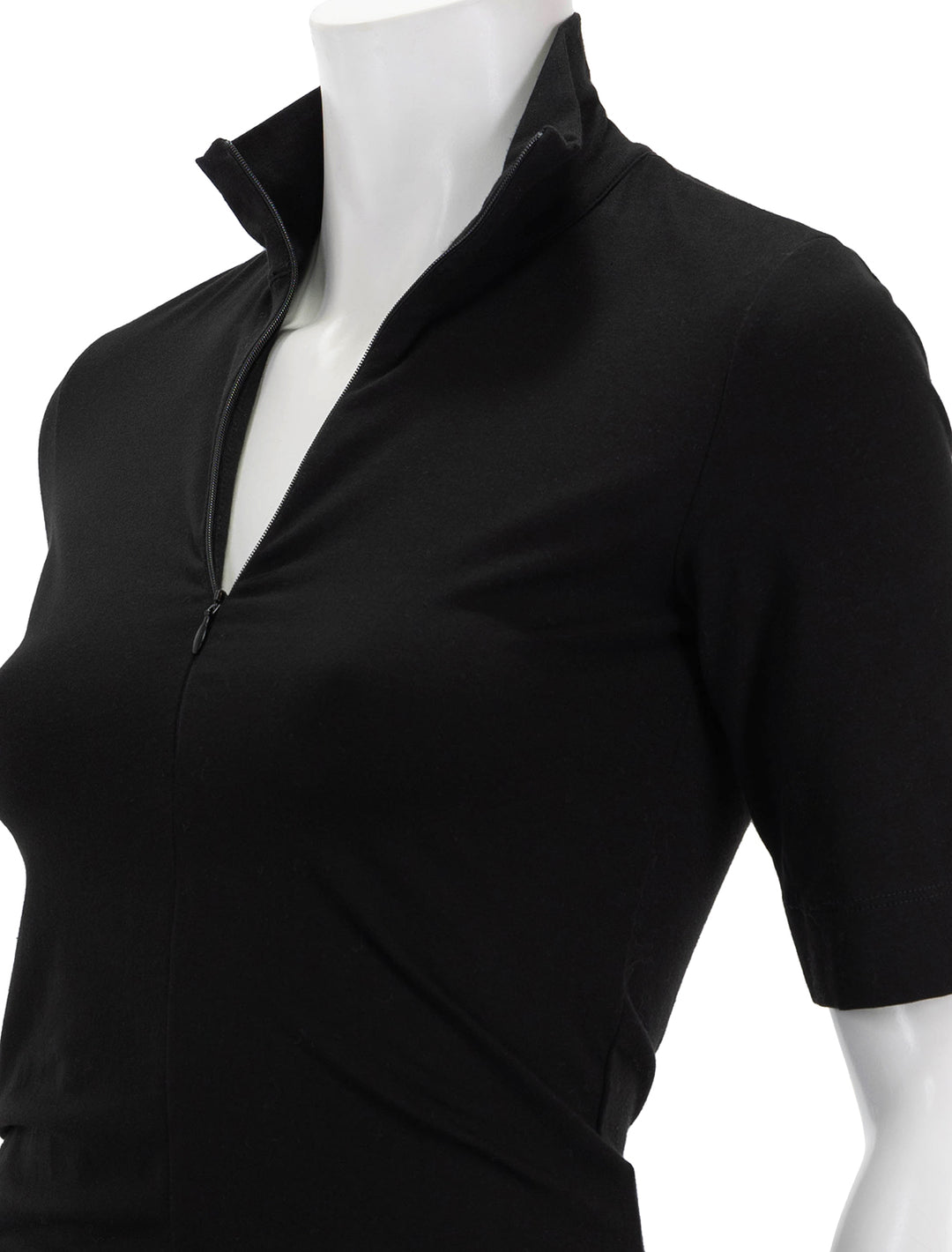Close-up view of ATM's pima cotton zip front top in black.