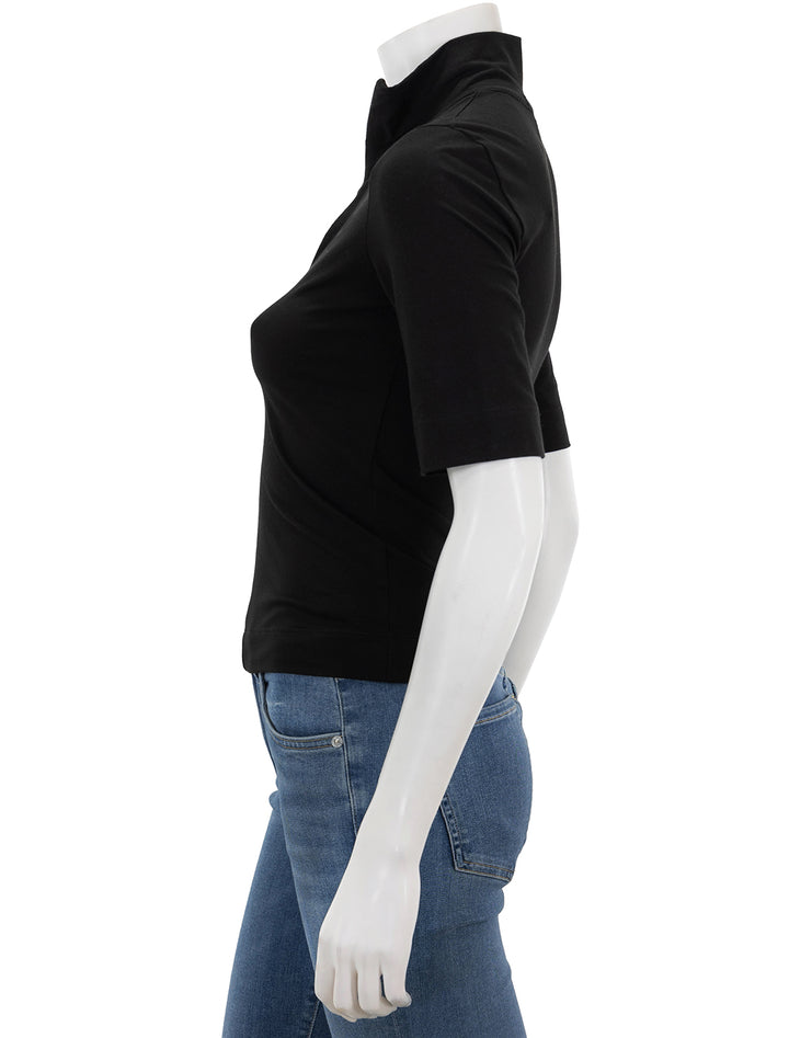 Side view of ATM's pima cotton zip front top in black.