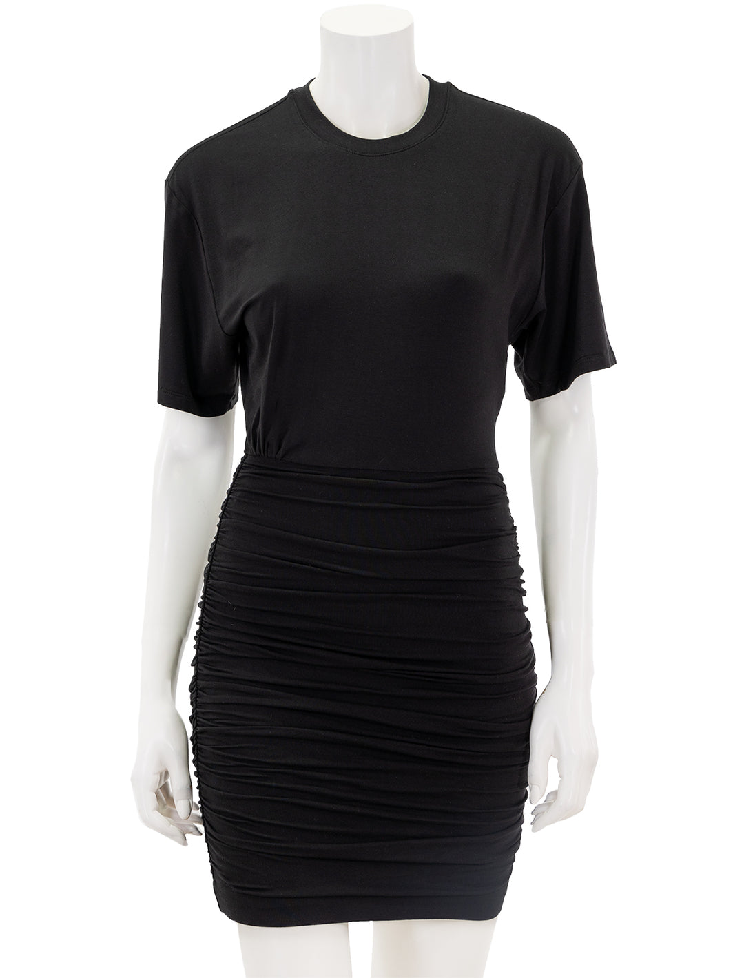 Front view of ATM's matte jersey ruched mini dress in black.