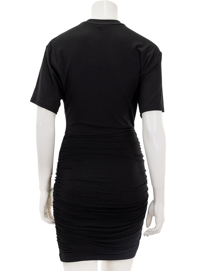 Back view of ATM's matte jersey ruched mini dress in black.