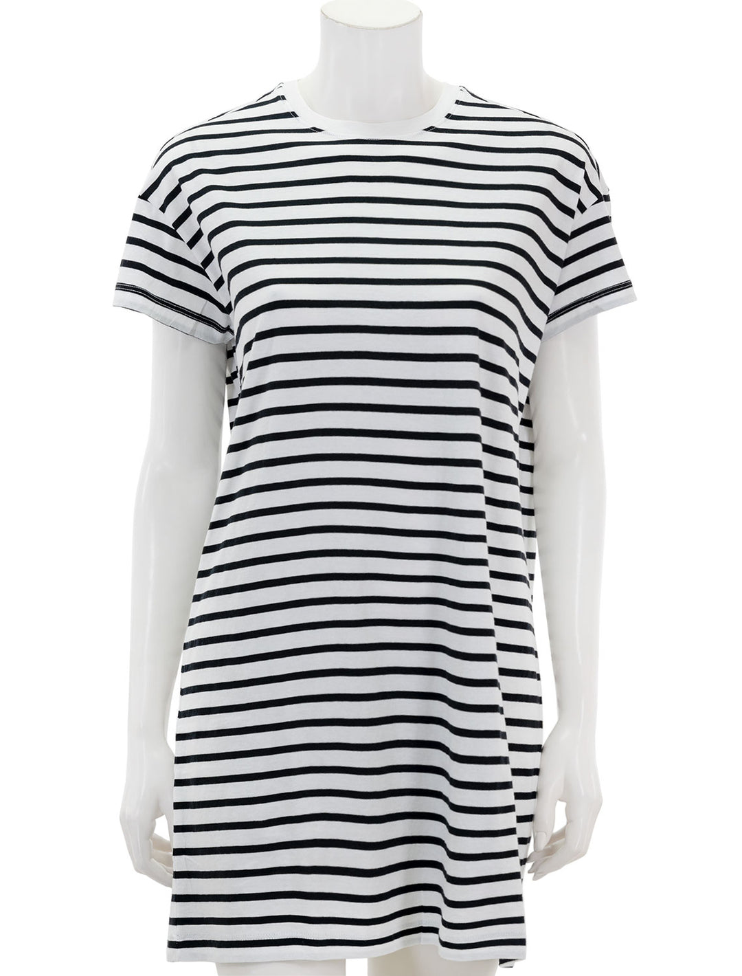 Front view of ATM's Classic Jersey Stripe Short Sleeve Dress in Black and White Stripe.