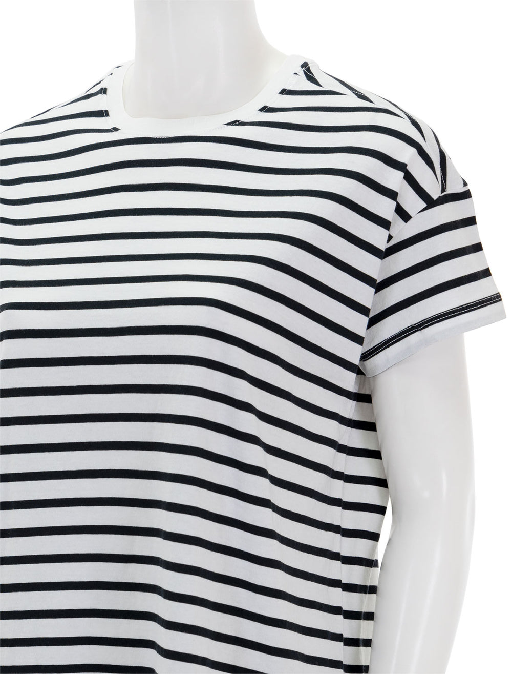 Close-up view of ATM's Classic Jersey Stripe Short Sleeve Dress in Black and White Stripe.