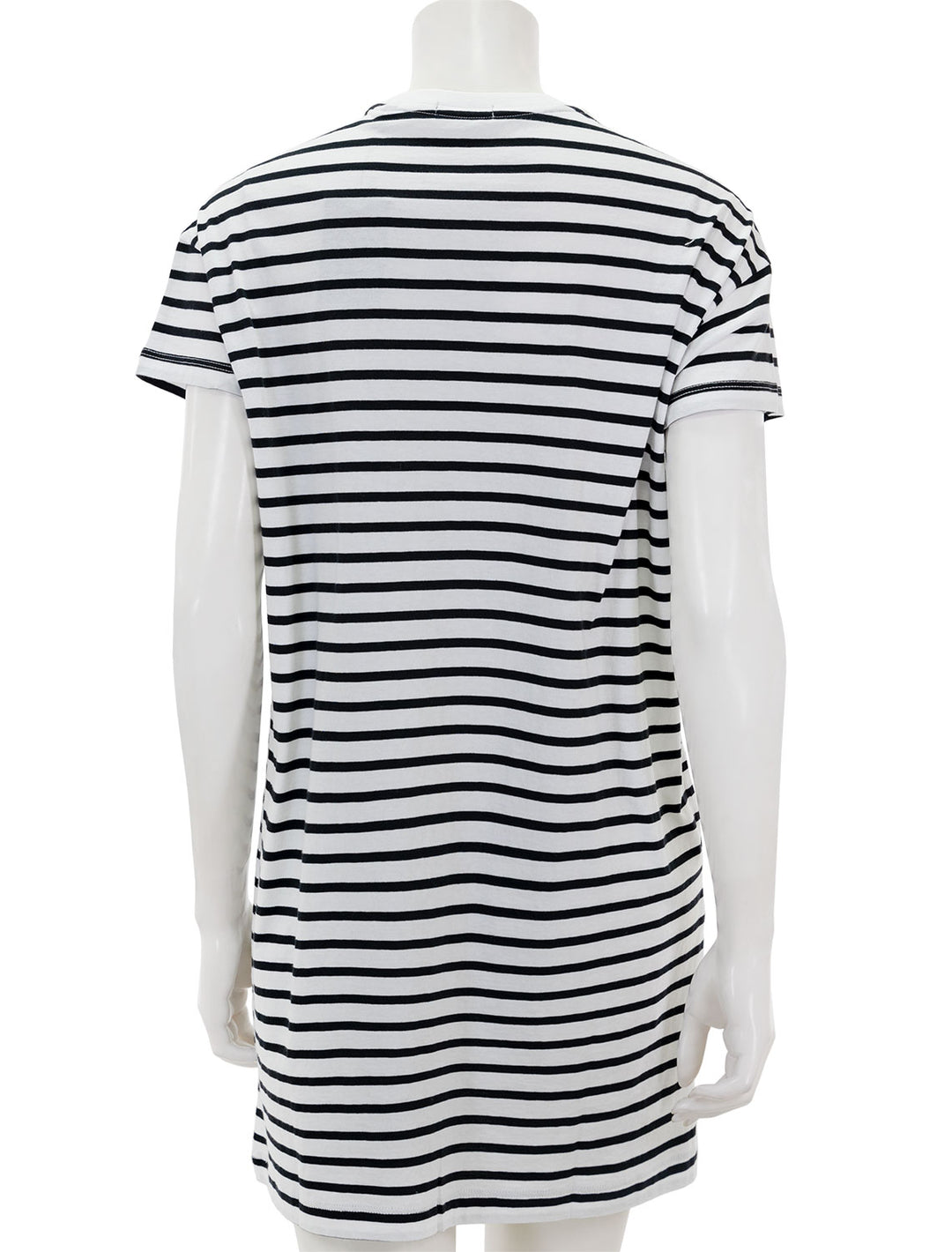 Back view of ATM's Classic Jersey Stripe Short Sleeve Dress in Black and White Stripe.