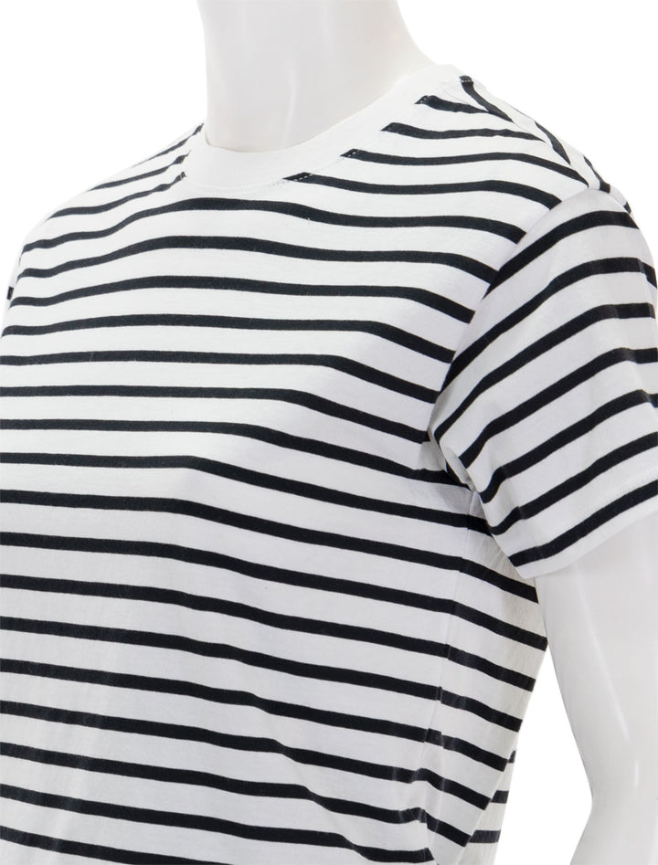 Close-up view of ATM's classic jersey short sleeve stripe boy tee in black and white stripe.