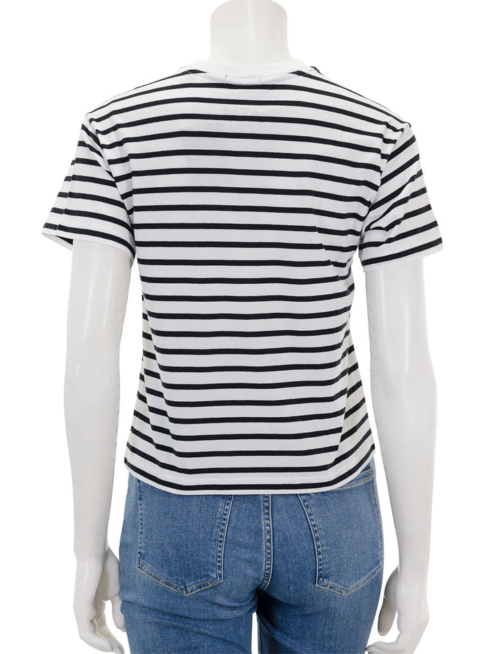 Back view of ATM's classic jersey short sleeve stripe boy tee in black and white stripe.