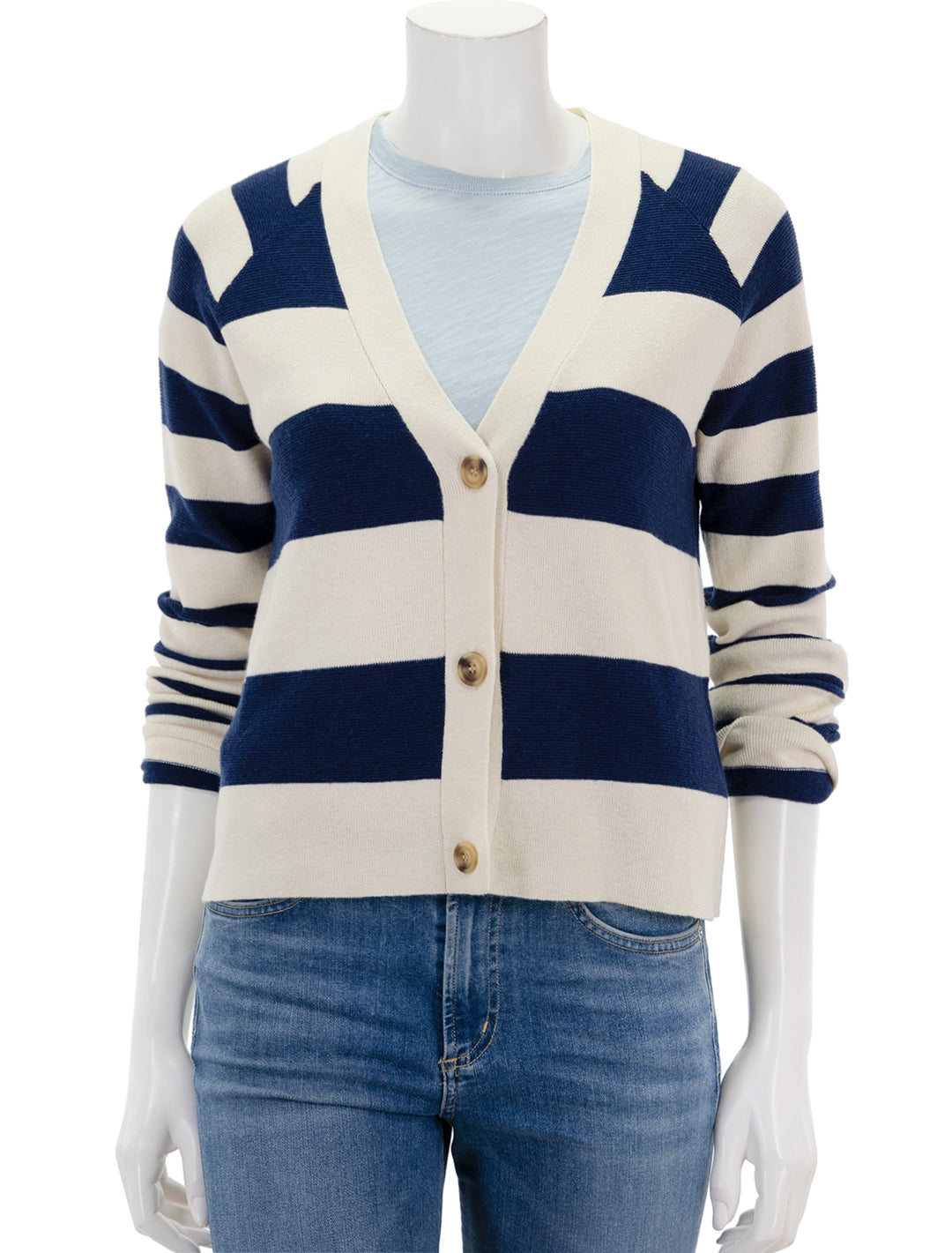 Front view of ATM's cotton and merino stripe cardigan in chalk and ink.