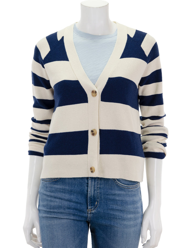 Front view of ATM's cotton and merino stripe cardigan in chalk and ink.