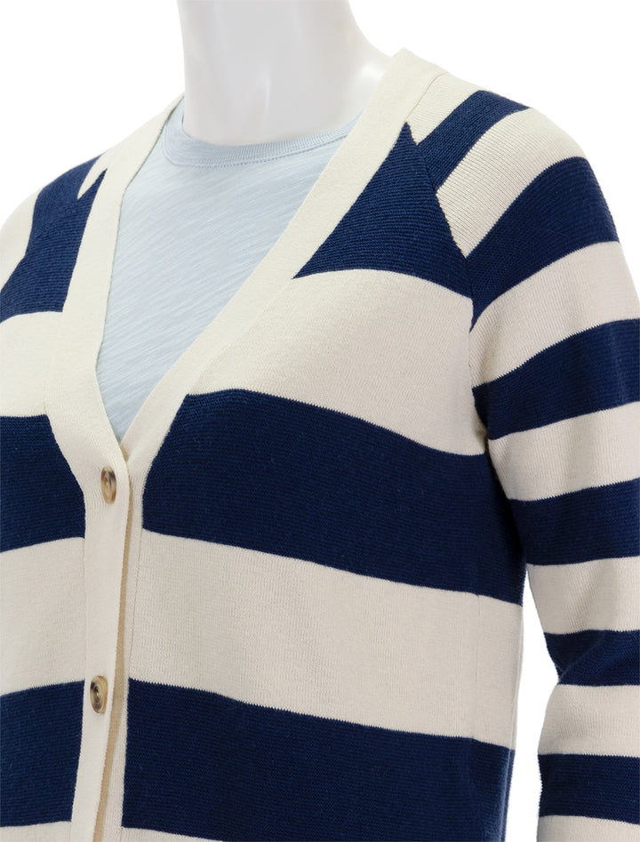 Close-up view of ATM's cotton and merino stripe cardigan in chalk and ink.