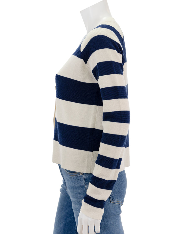 Side view of ATM's cotton and merino stripe cardigan in chalk and ink.