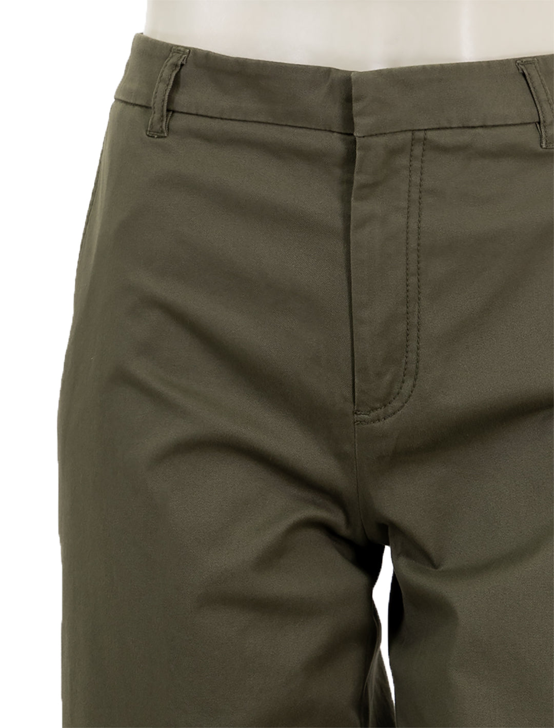 Close-up view of ATM's cotton twill boyfriend pant in army.