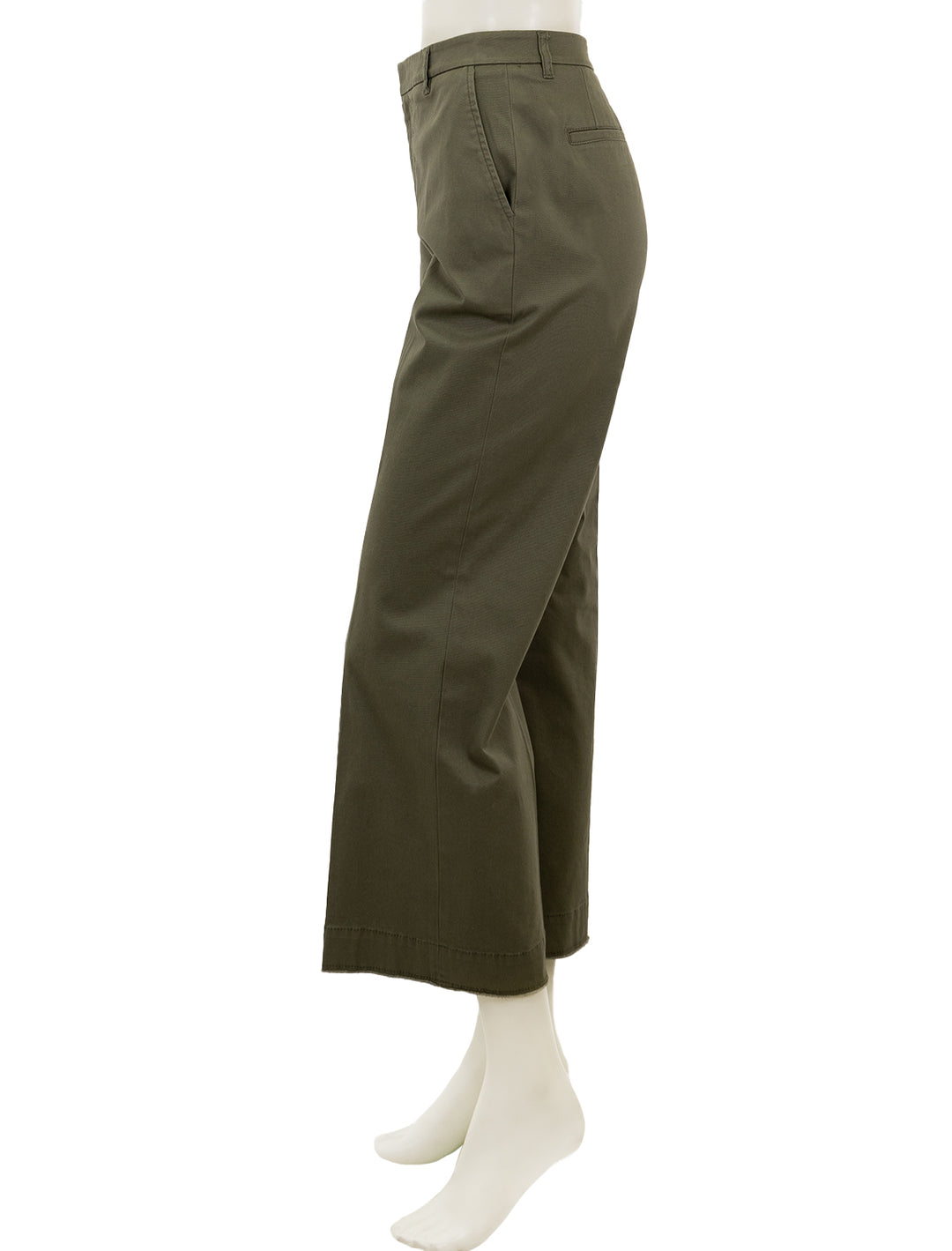 Side view of ATM's cotton twill boyfriend pant in army.