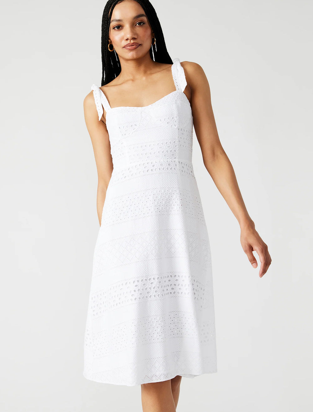 Model wearing Steve Madden's carlynn dress in white.
