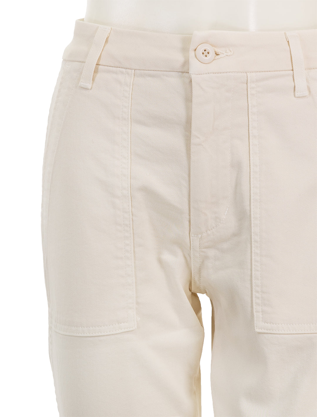 Close-up view of AMO's easy army trousers in bone.
