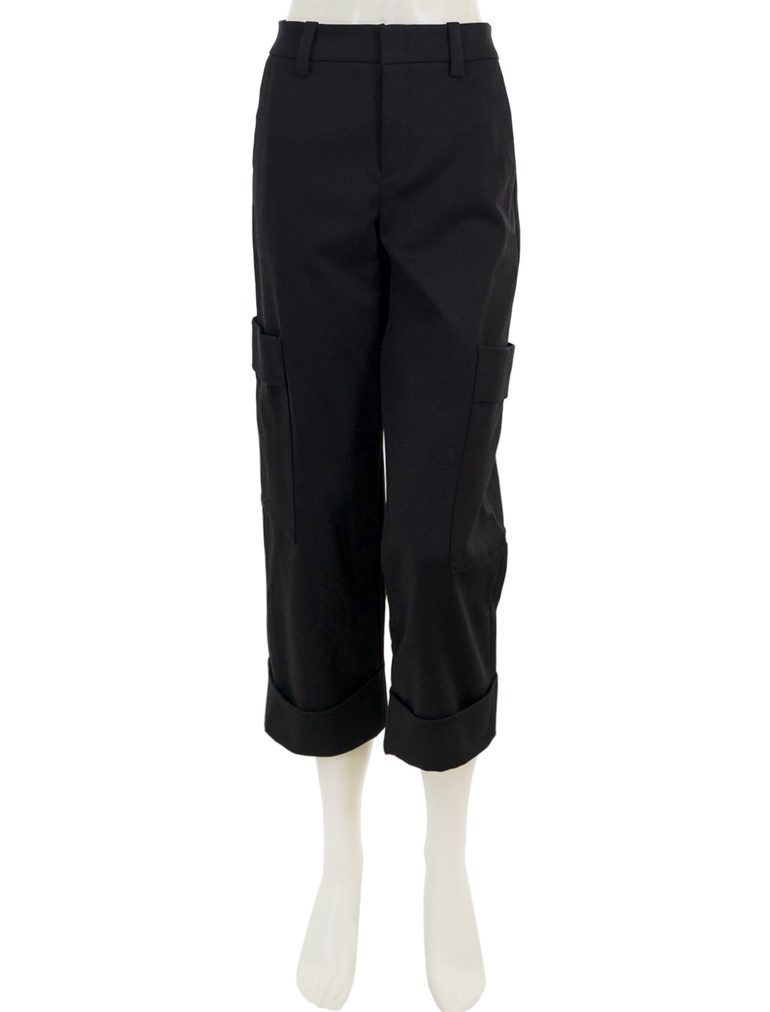Front view of Vince's utility crop pant in black.