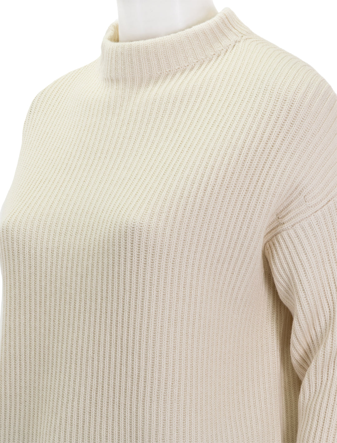 Close-up view of Vince's ribbed funnel neck in ivory.