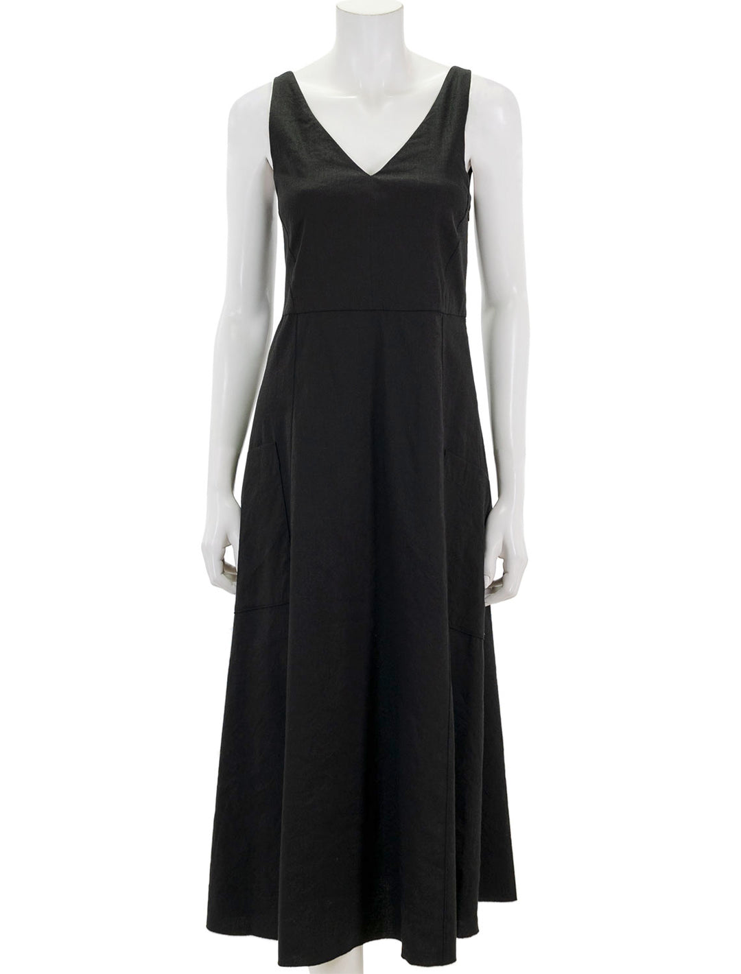 Front view of Vince's relaxed v neck pocketed dress in black.