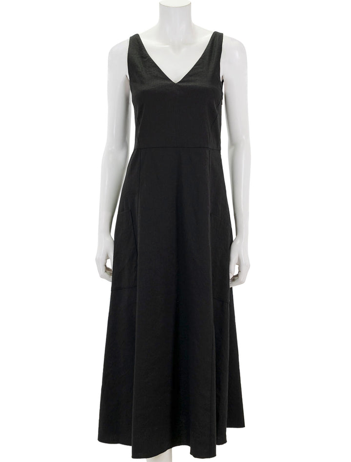 Front view of Vince's relaxed v neck pocketed dress in black.