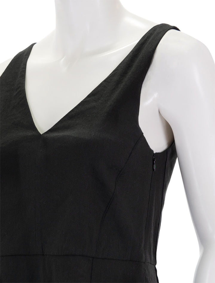 Close-up view of Vince's relaxed v neck pocketed dress in black.