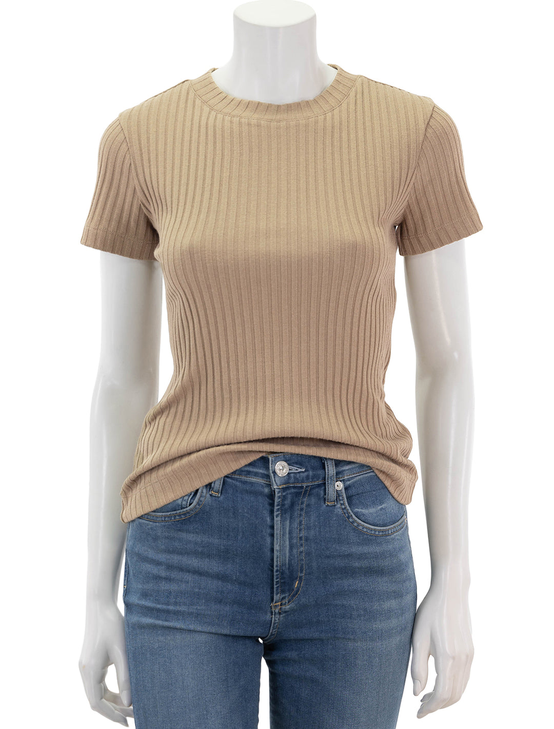 Front view of Vince's rib short sleeve crew neck tee in cocoon.