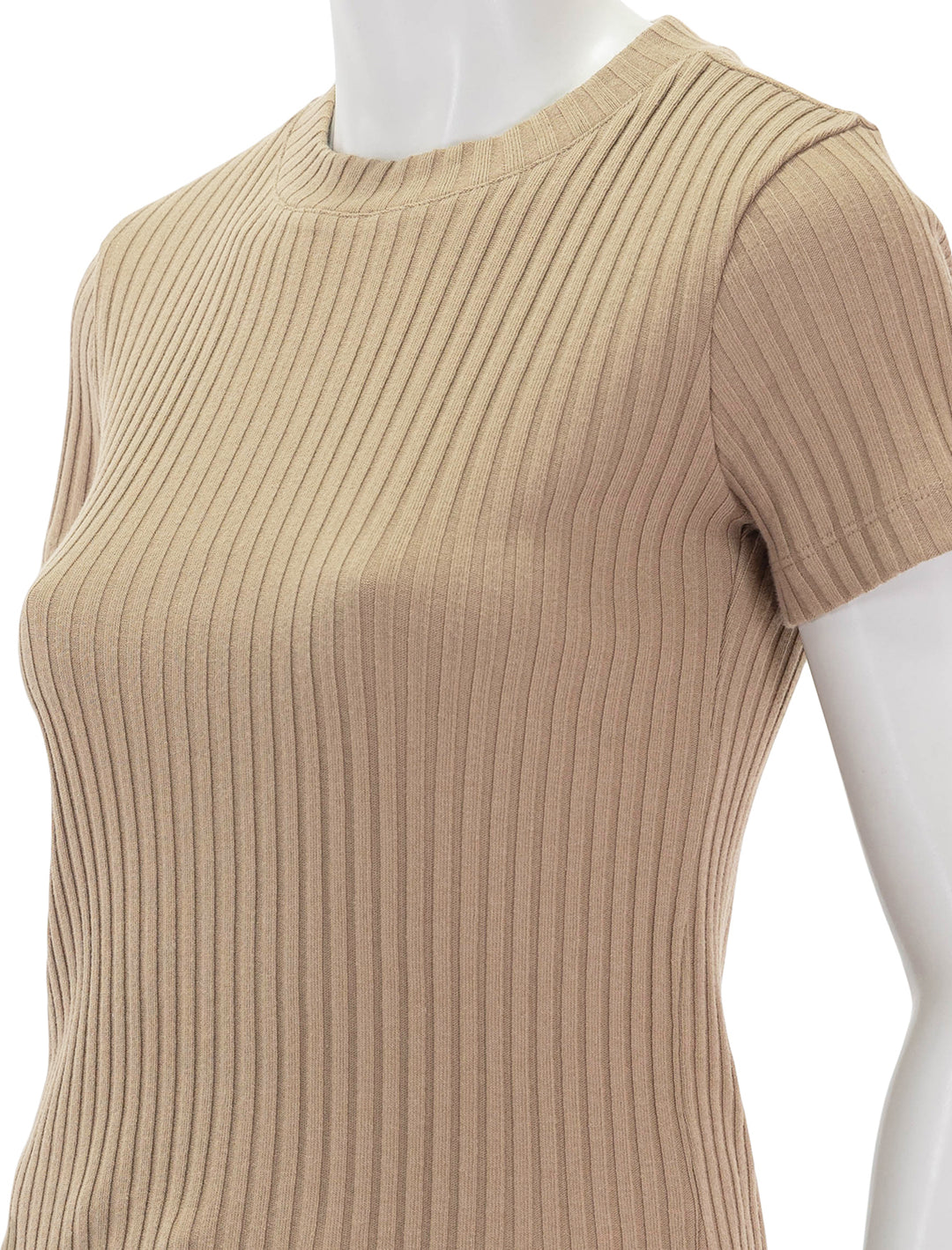 Close-up view of Vince's rib short sleeve crew neck tee in cocoon.