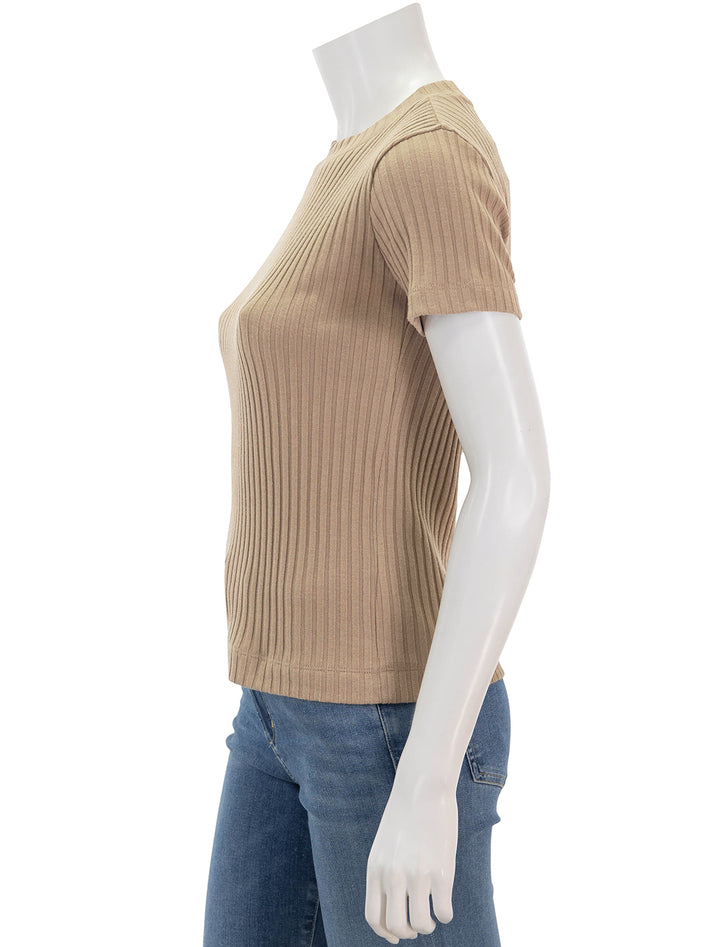 Side view of Vince's rib short sleeve crew neck tee in cocoon.