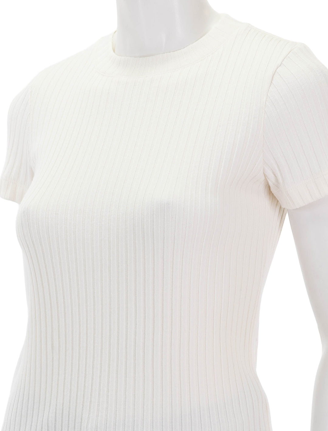 Close-up view of Vince's rib short sleeve crew neck tee in off white.