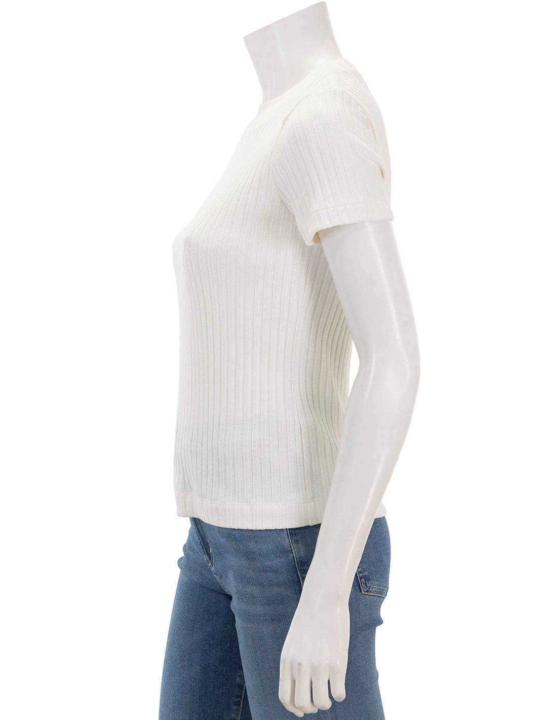 Side view of Vince's rib short sleeve crew neck tee in off white.
