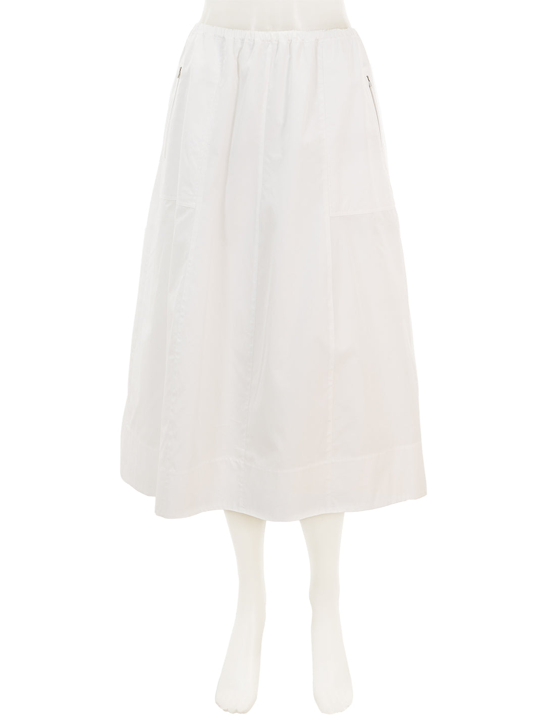 Front view of Vince's gathered utility zipper pocket skirt in optic white.