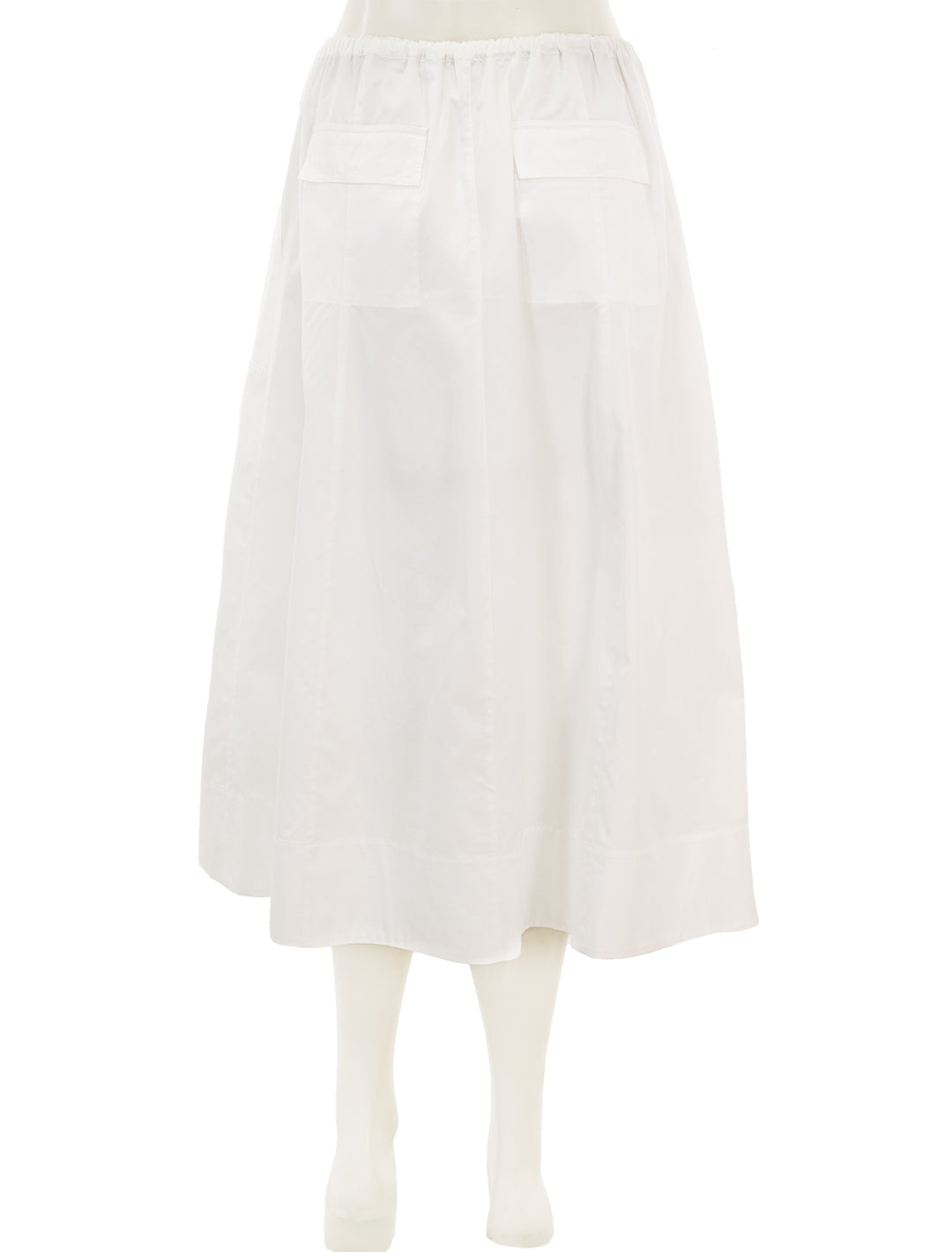 Back view of Vince's gathered utility zipper pocket skirt in optic white.