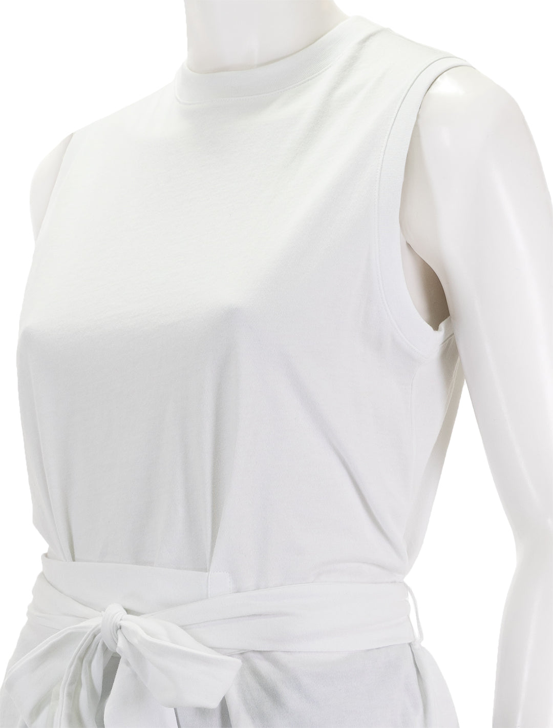 Close-up view of Vince's sleeveless wrap top in optic white.
