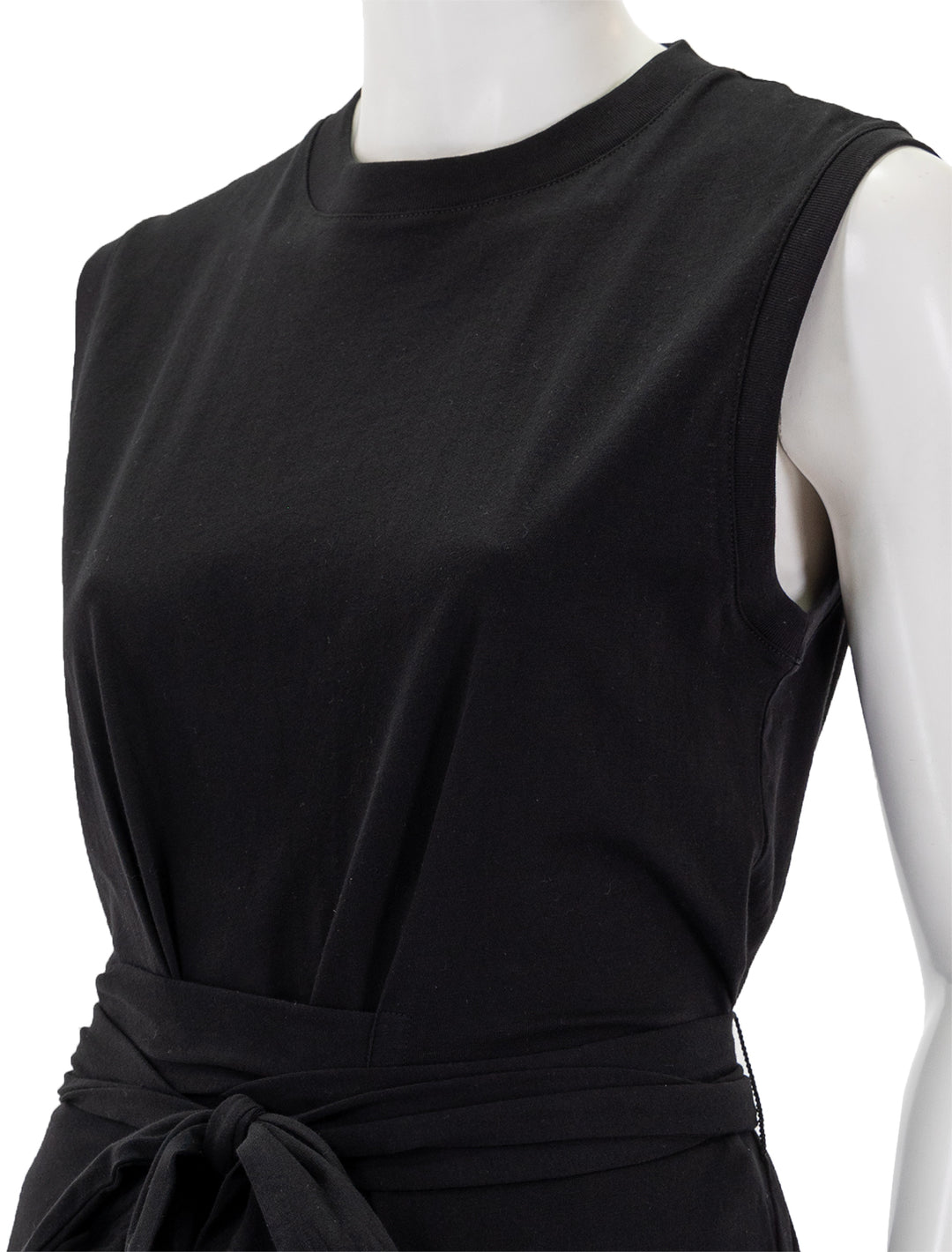 Close-up view of Vince's sleeveless knit wrap dress in black