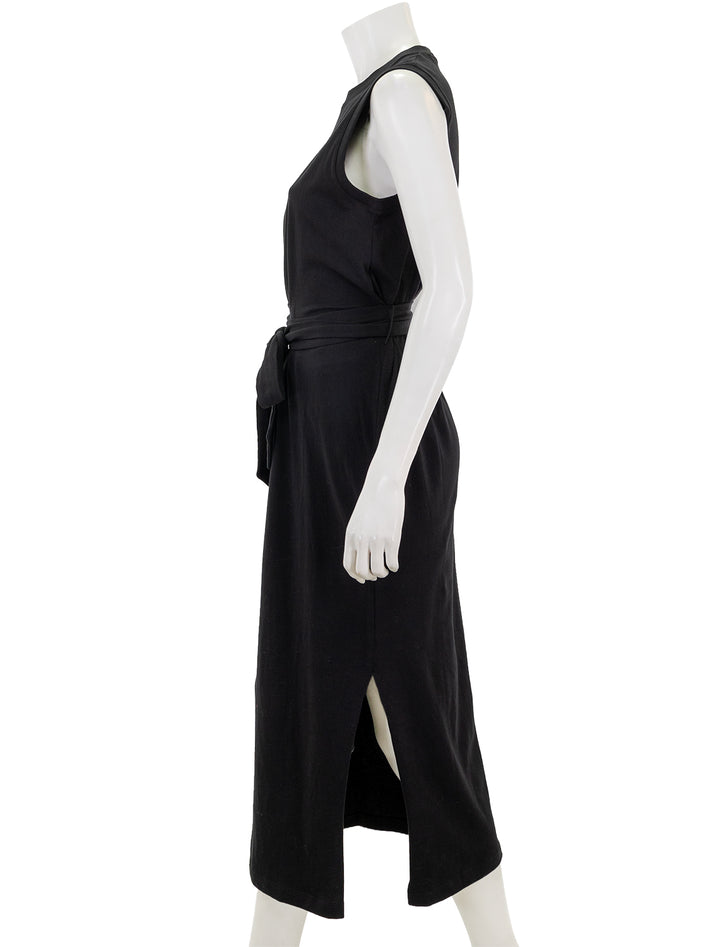 Side view of Vince's sleeveless knit wrap dress in black