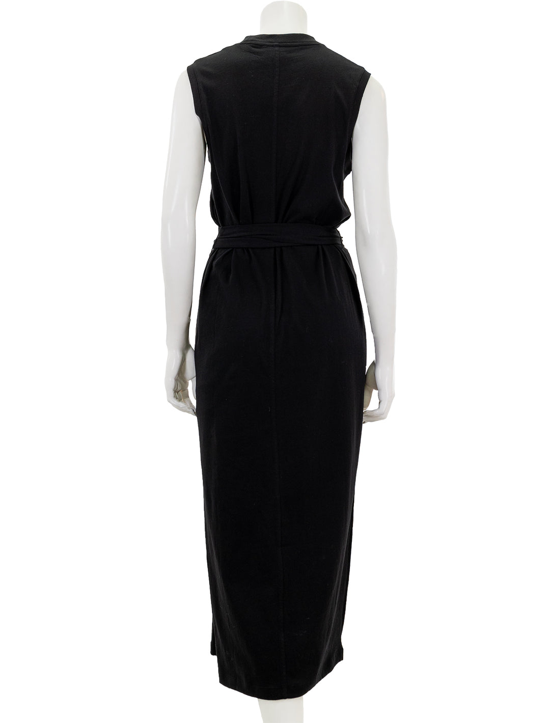 Back view of Vince's sleeveless knit wrap dress in black