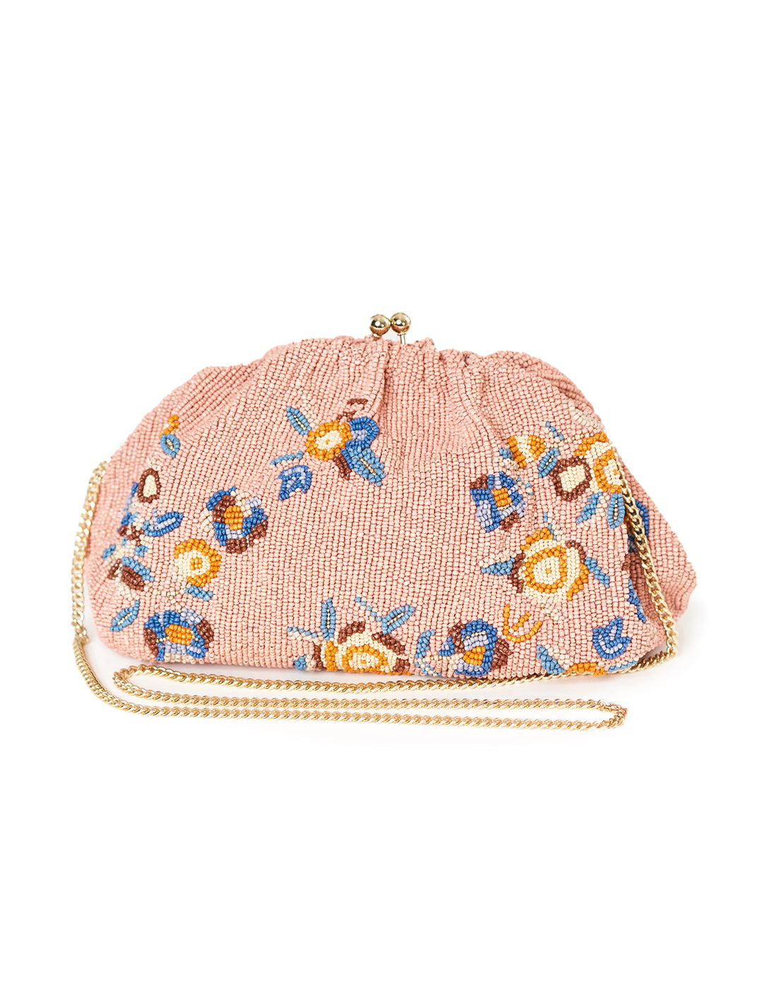 Front view of M.A.B.E.'s birdie beaded clutch in dusty pink.