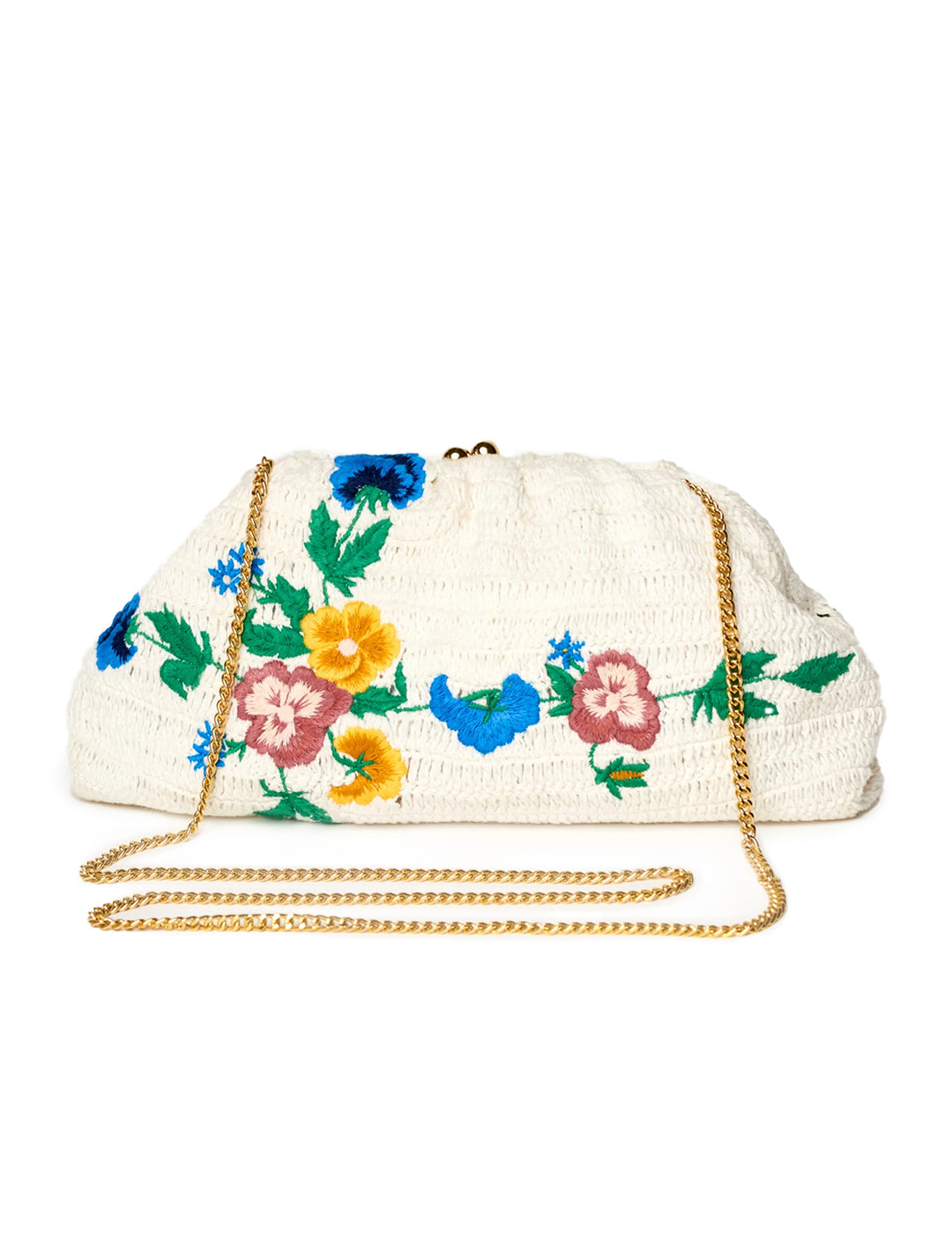 Front view of M.A.B.E.'s vela embroidered crochet clutch.