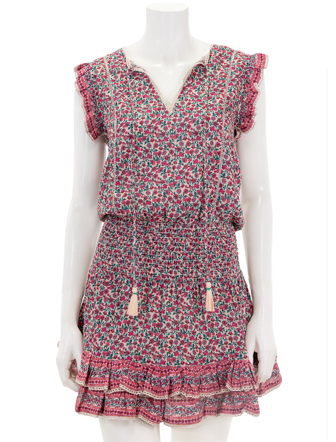 Front view of M.A.B.E.'s frida print short dress in pink floral.