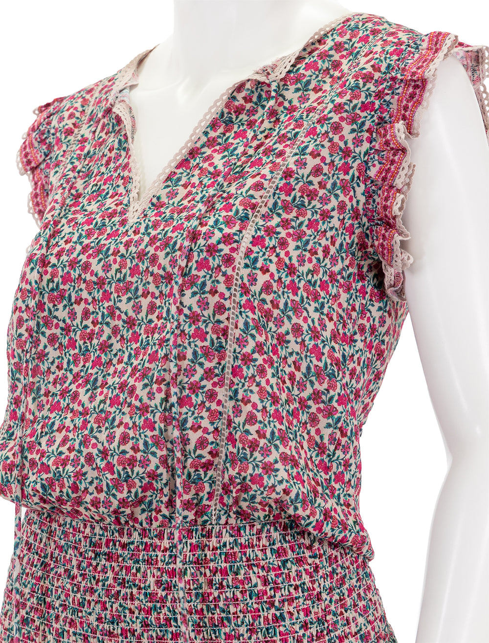 Close-up view of M.A.B.E.'s frida print short dress in pink floral.
