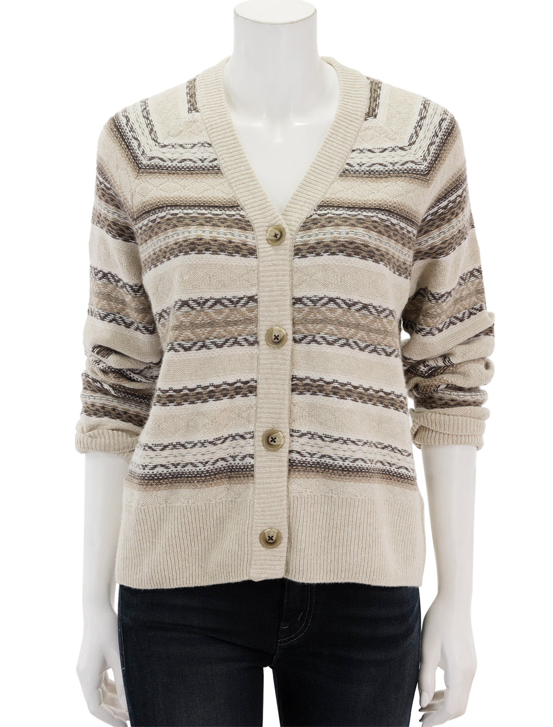 front view of highland fair isle cardigan in neutral multi