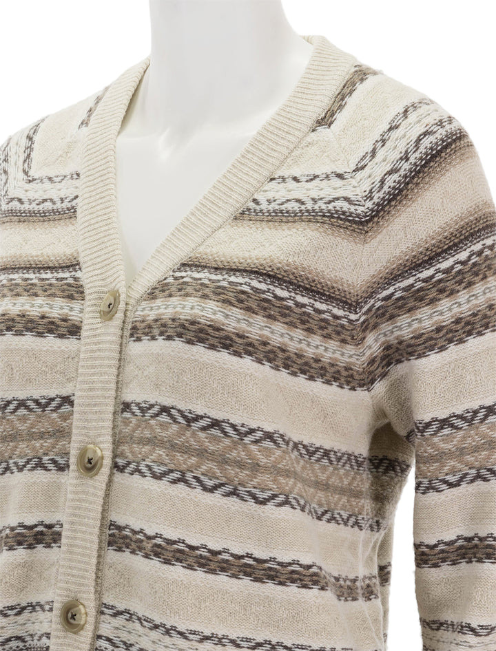 close up view of highland fair isle cardigan in neutral multi