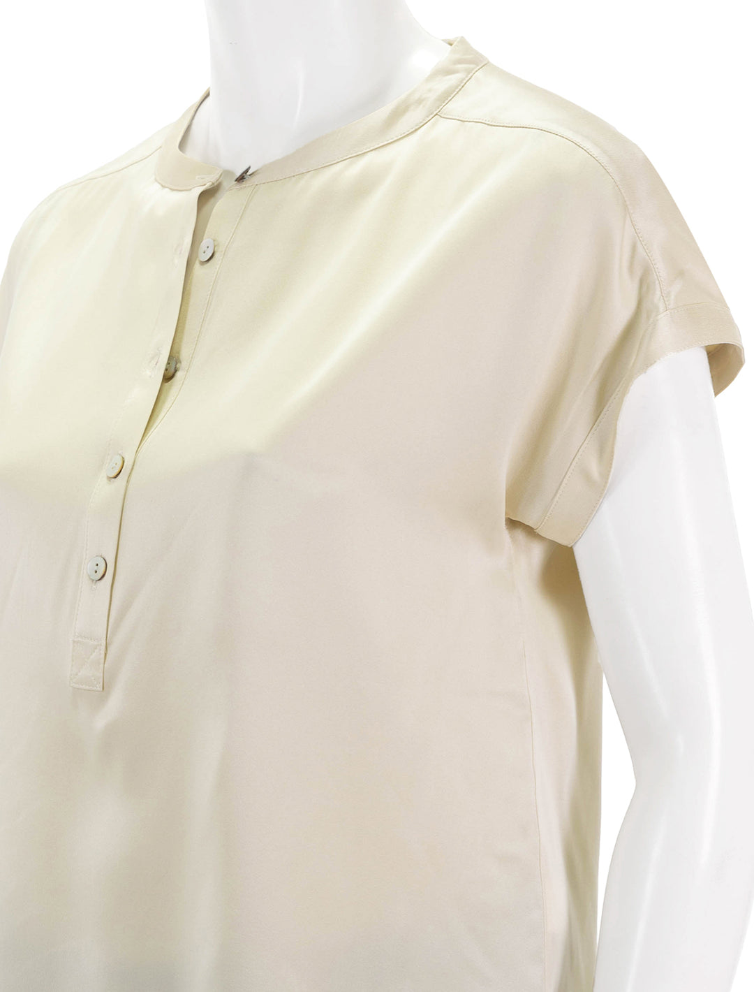 Close-up view of Faherty's sandwashed silk desmond top in pearled ivory.
