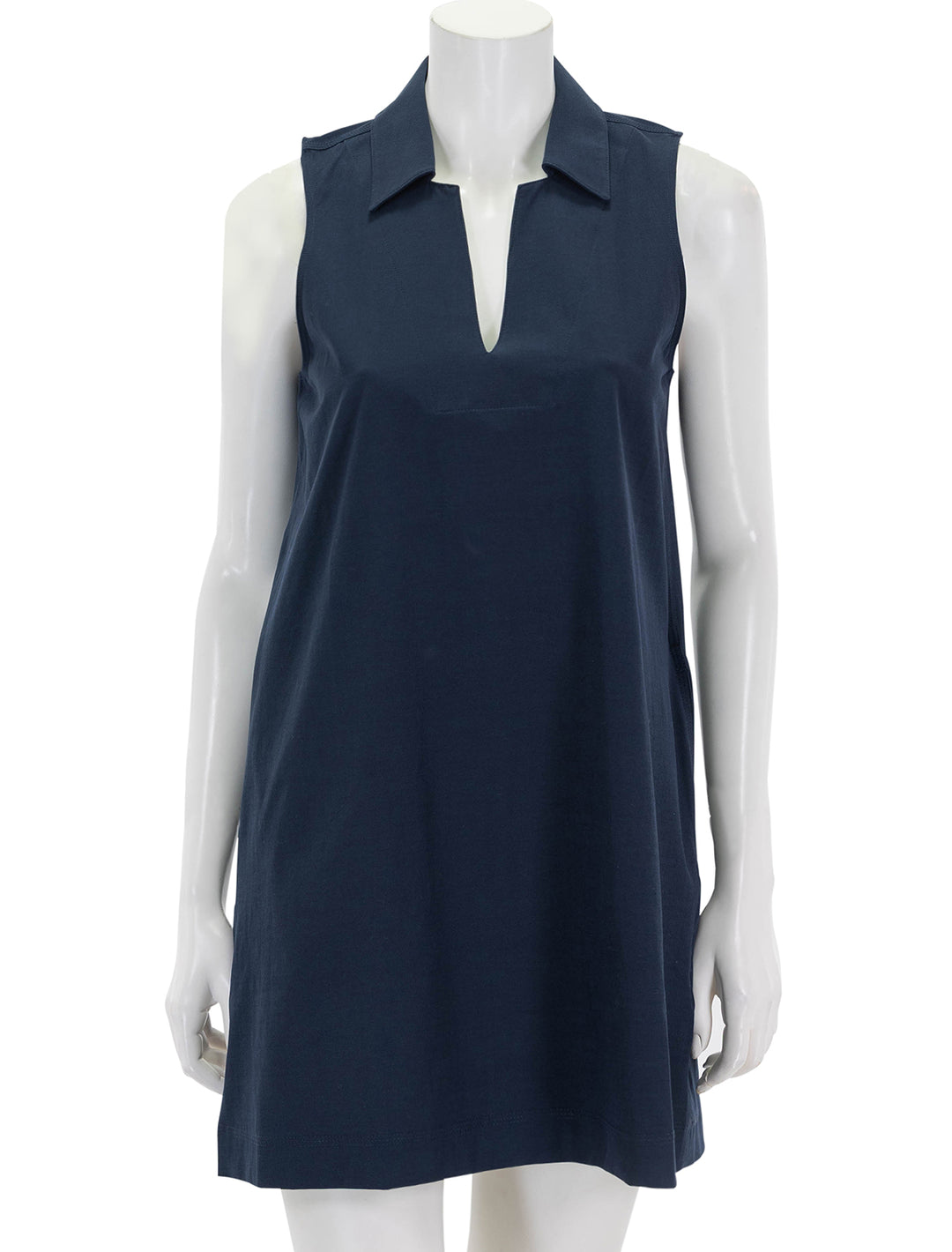 Front view of Faherty's all day polo dress in navy blazer.