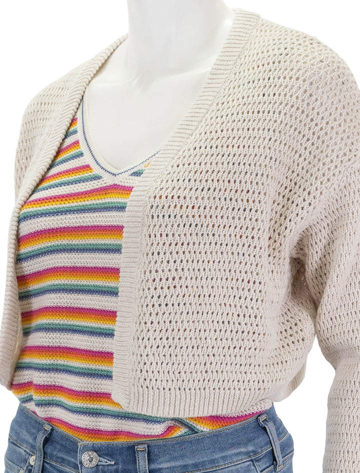 Close-up view of Marine Layer's anacapa cardigan in calico.